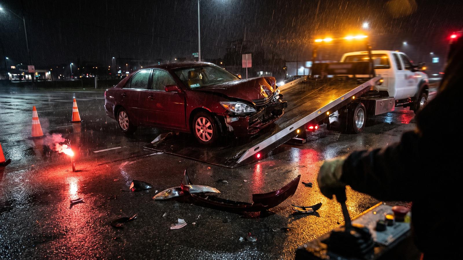 A red sedan with a crushed front end beside a flatbed tow truck on a wet road at night, with cones and a road flare
