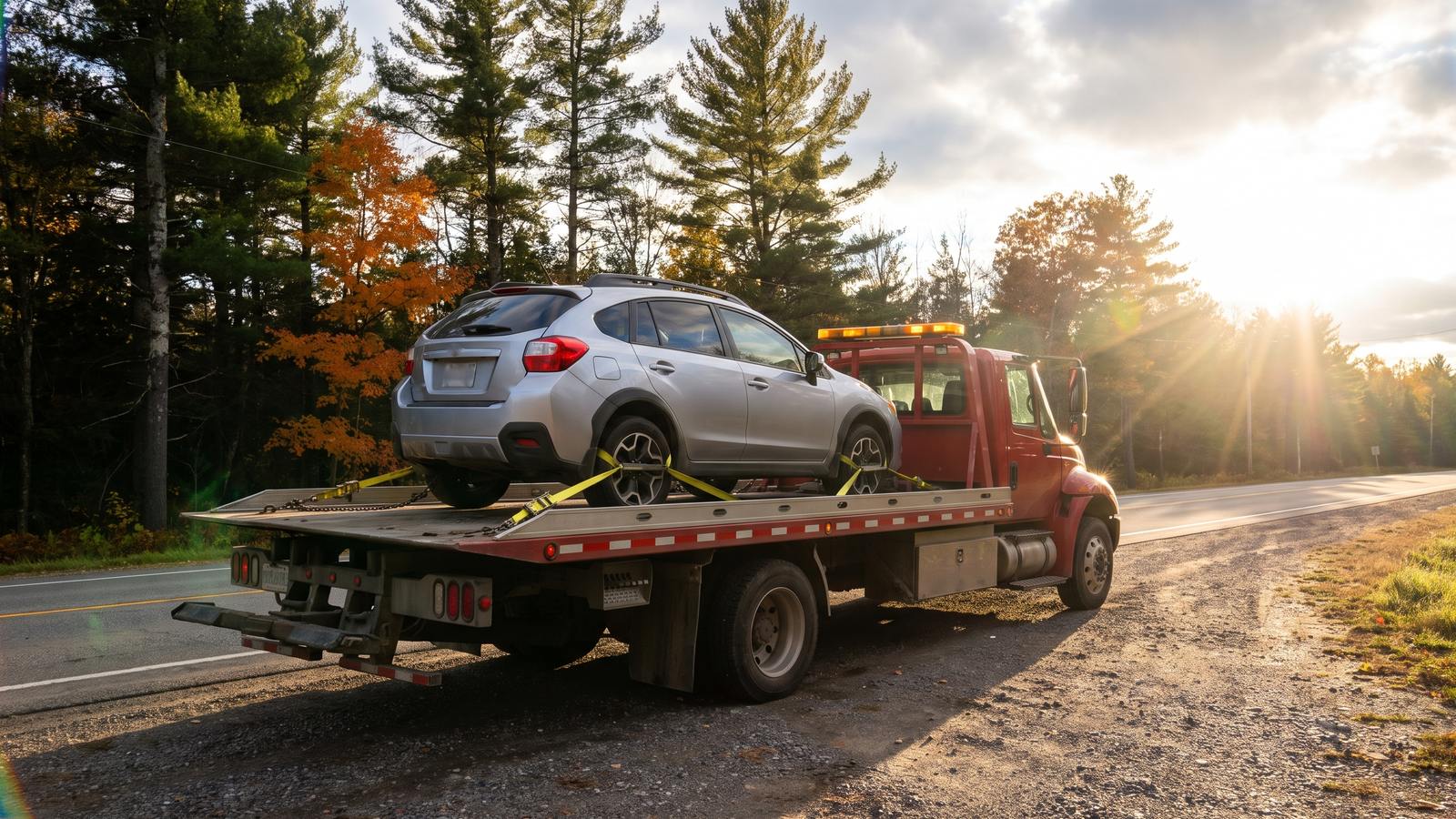 A red flatbed tow truck with a silver crossover strapped to its bed, stopped on a gravel shoulder under pines and fall maples