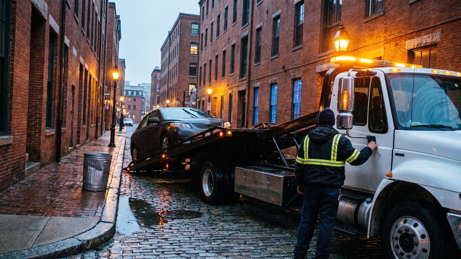 A flatbed tow truck winching a gray sedan up its tilted bed on a wet cobblestone street of old brick buildings at dusk