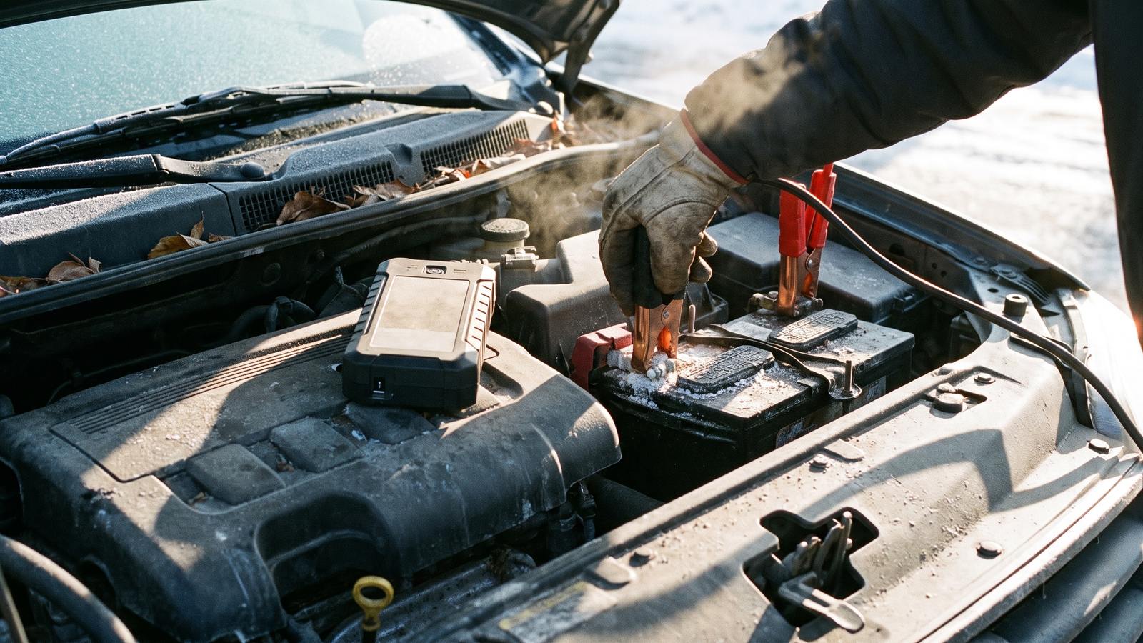 Jump pack clamps on a frosty car battery under an open hood, one held by a gloved hand