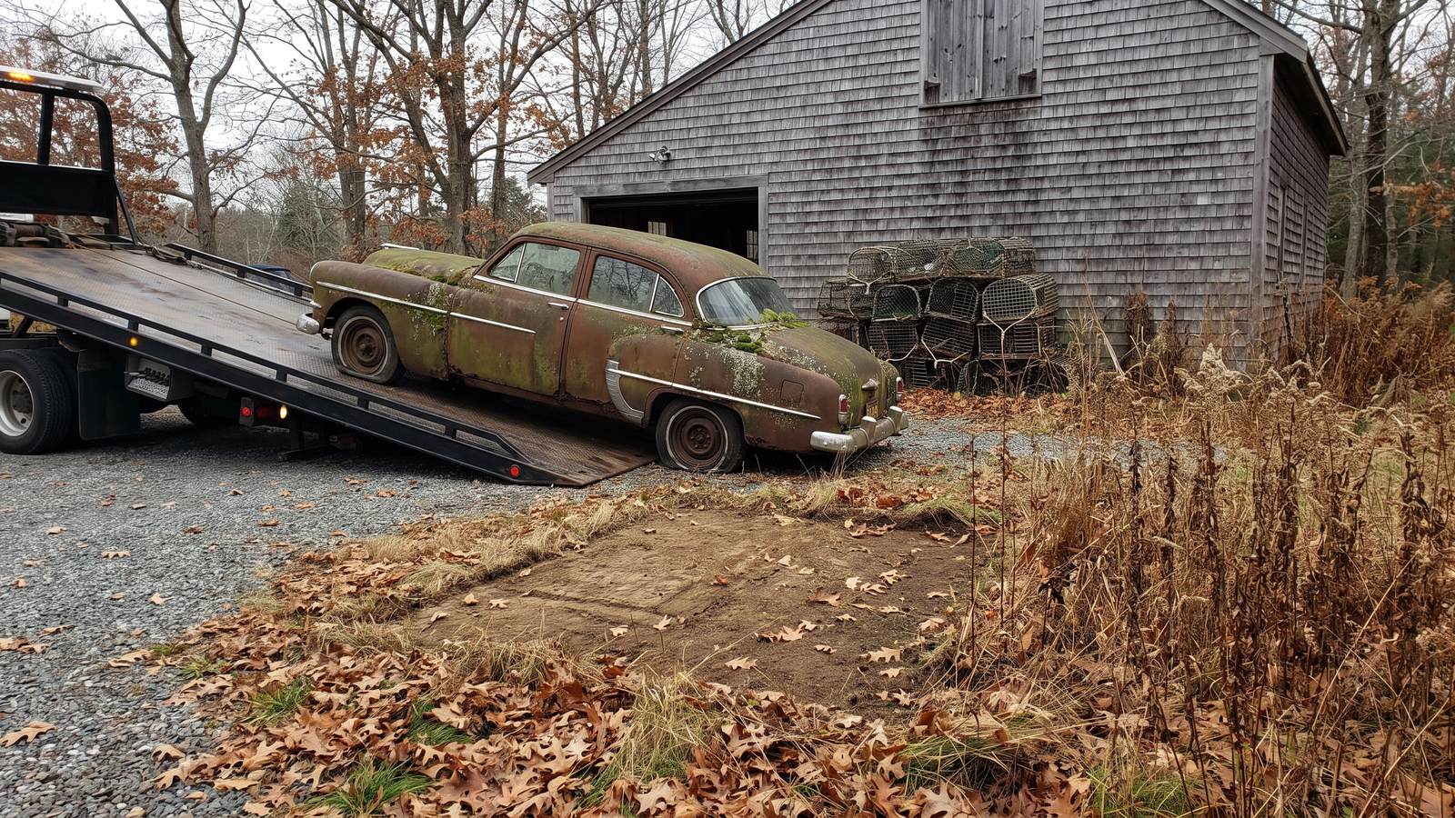 A rusted old sedan with flat tires on the tilted bed of a flatbed tow truck beside a shingled barn and lobster traps