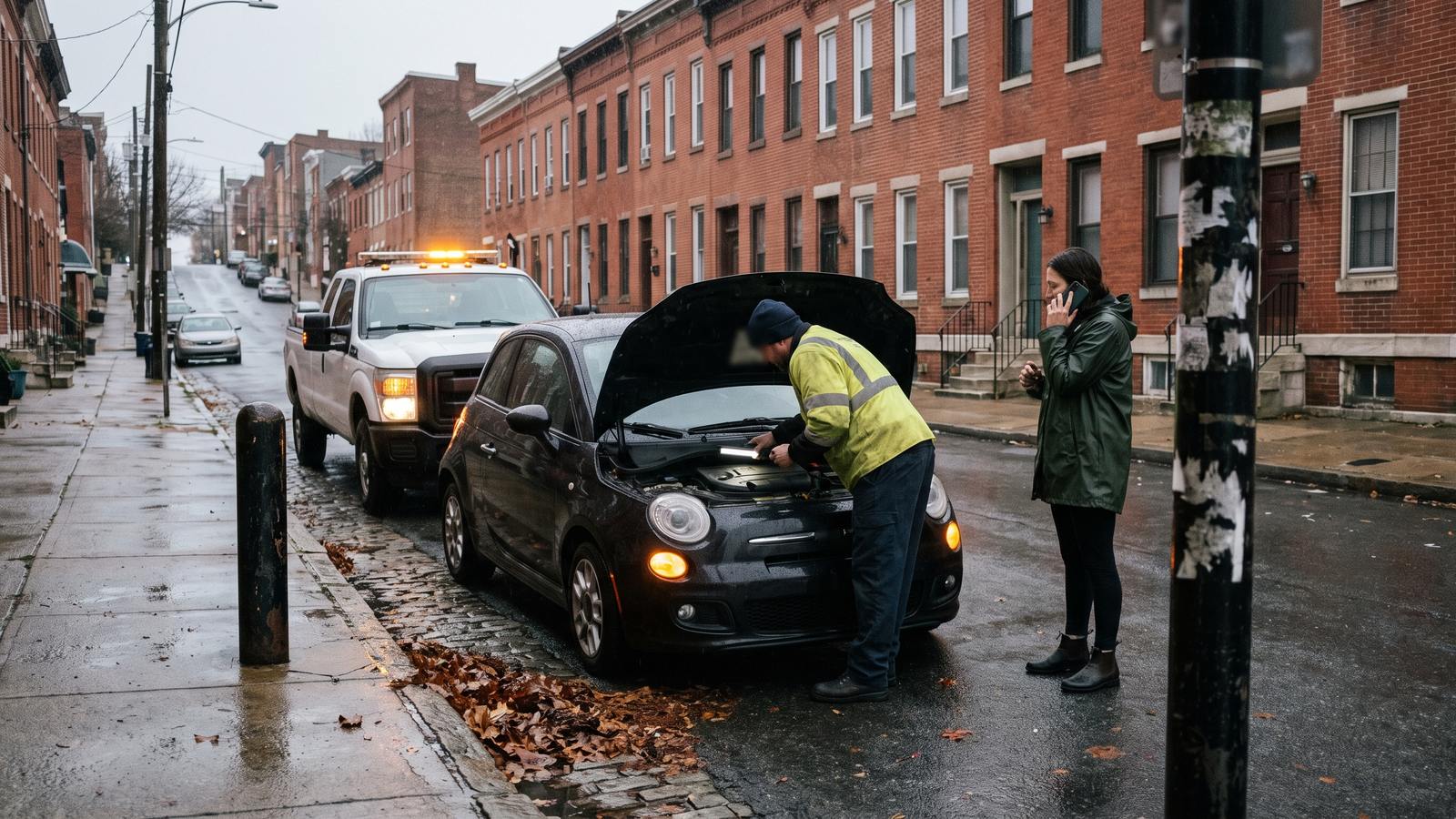 A technician with a flashlight under the hood of a small hatchback while the driver waits on a brick row-house street