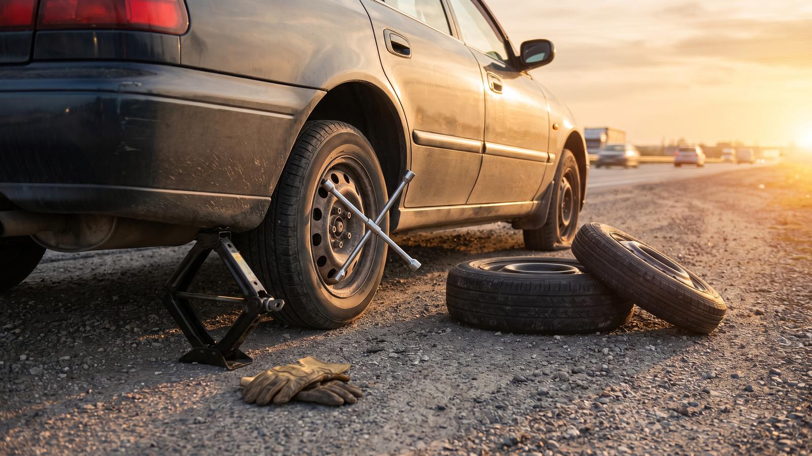 A lug wrench on a car's rear wheel, a scissor jack under the car and two tires on the gravel shoulder at sunset