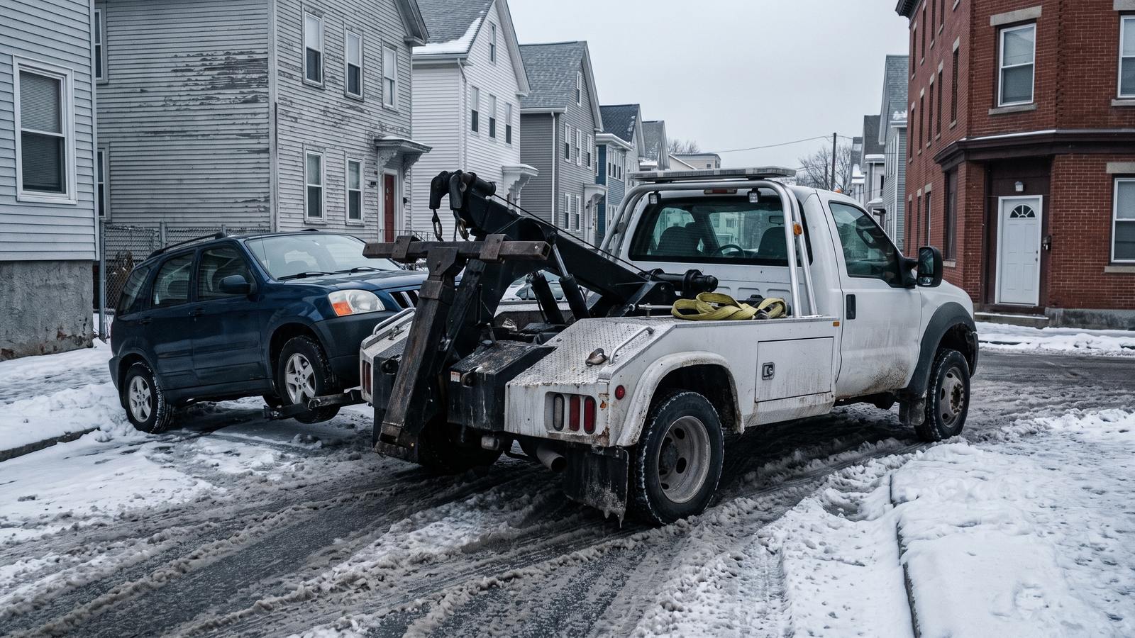 A white wheel-lift tow truck and a small SUV on a slushy residential street on a gray winter morning