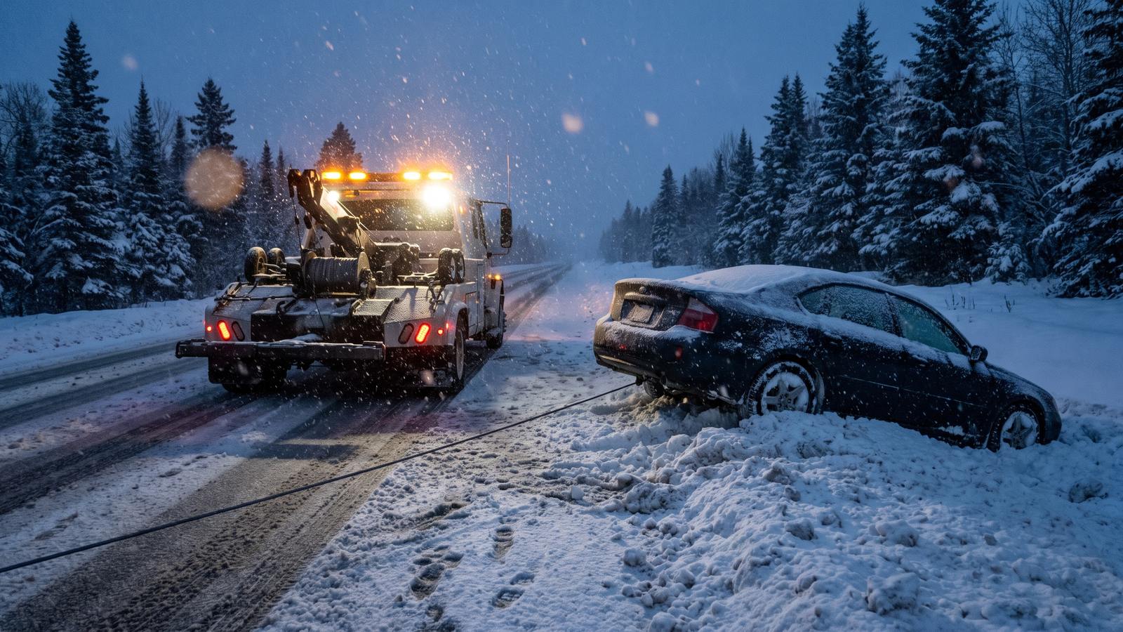 A tow truck with amber lights on a snowy two-lane road beside a sedan stuck in a roadside snowbank